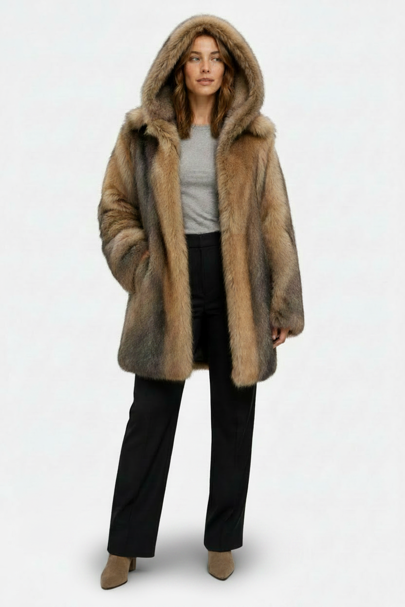 NOMU | Women's Long Hooded Coat – Faux Fur Finish with Single-Button Closure