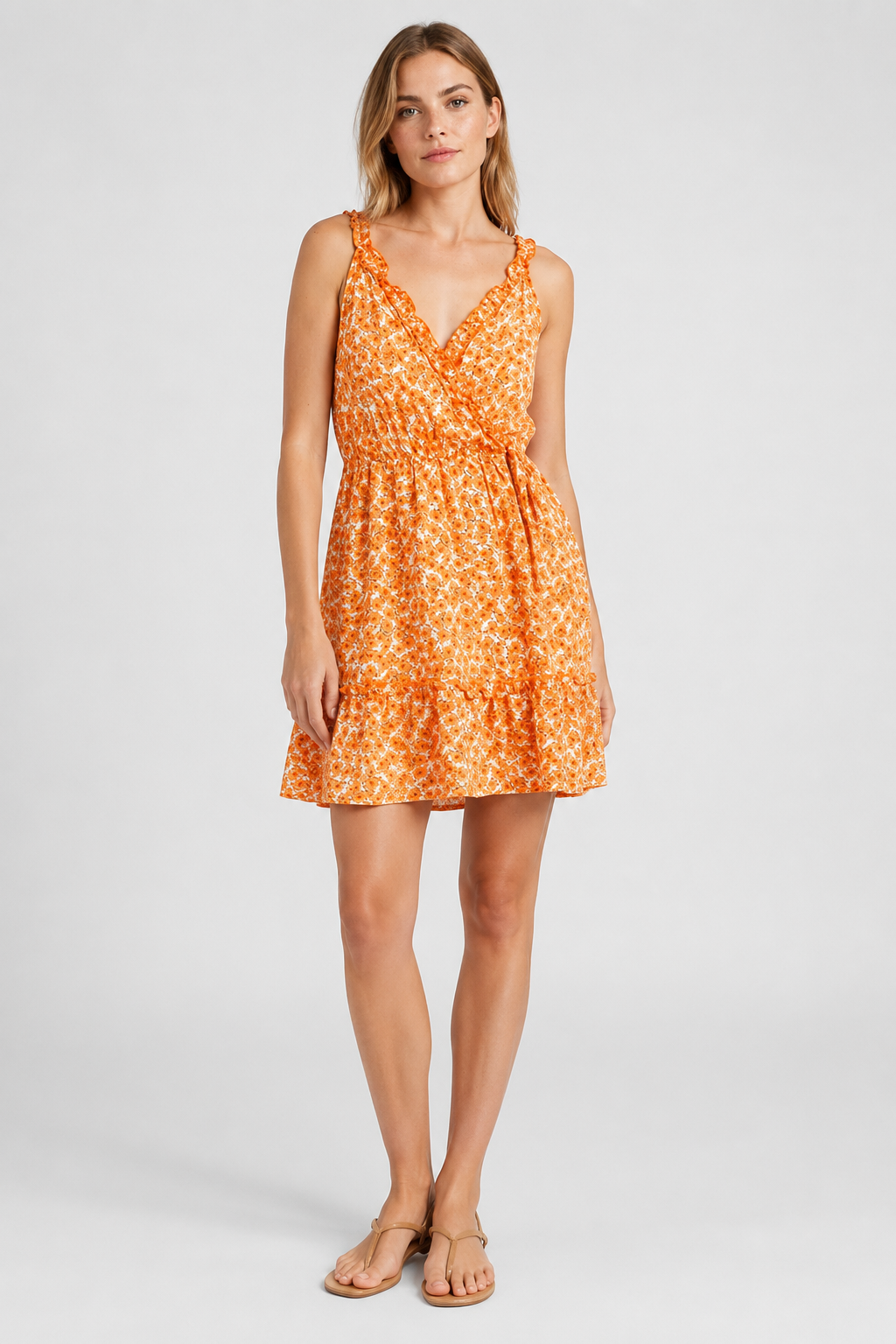 NOMU | Women's Printed Mini Dress – V Neck Ruffle Strap Tie Waist Design