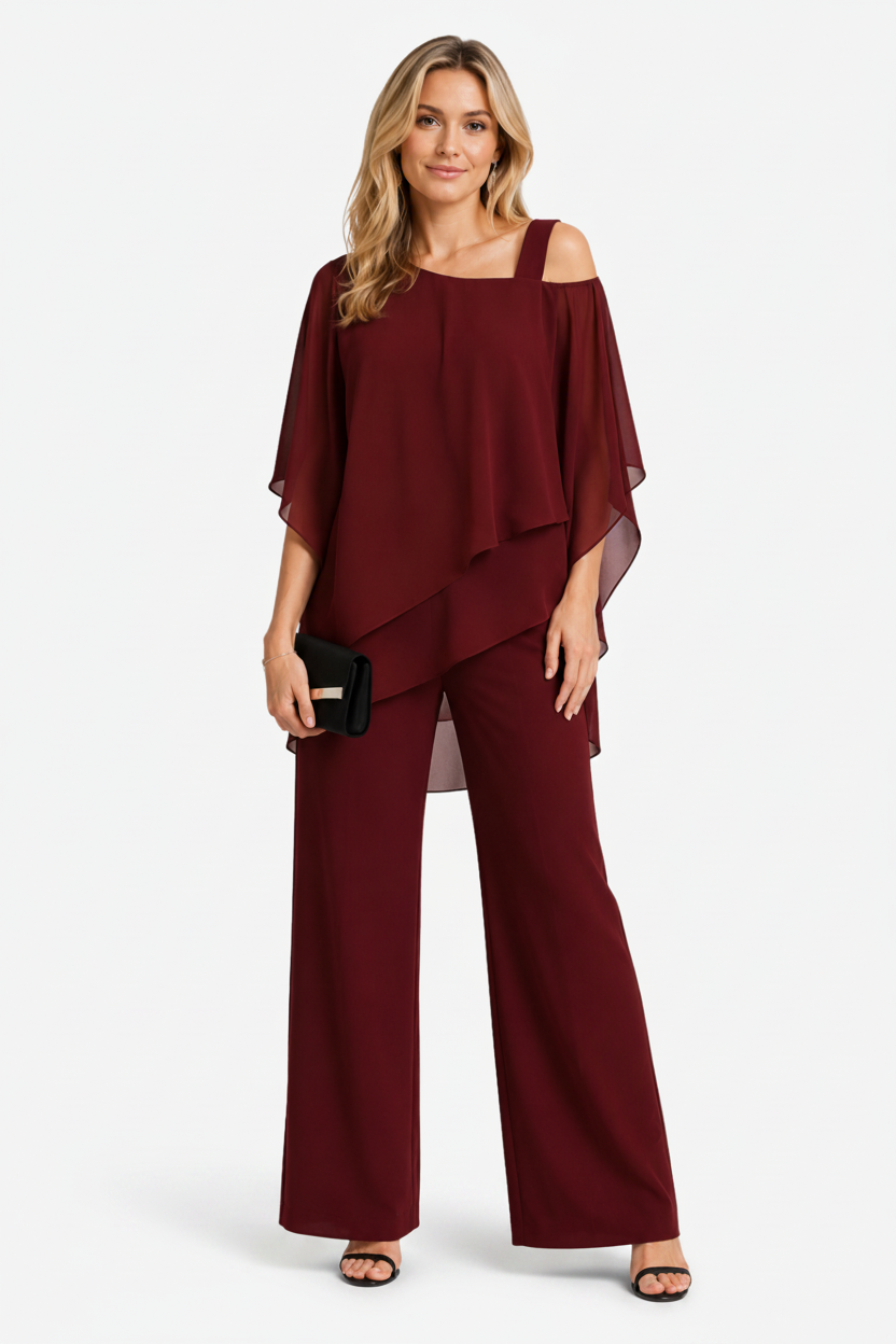 NOMU | Women's Two Piece Set – Asymmetric Layered Top Wide Leg Trousers Design
