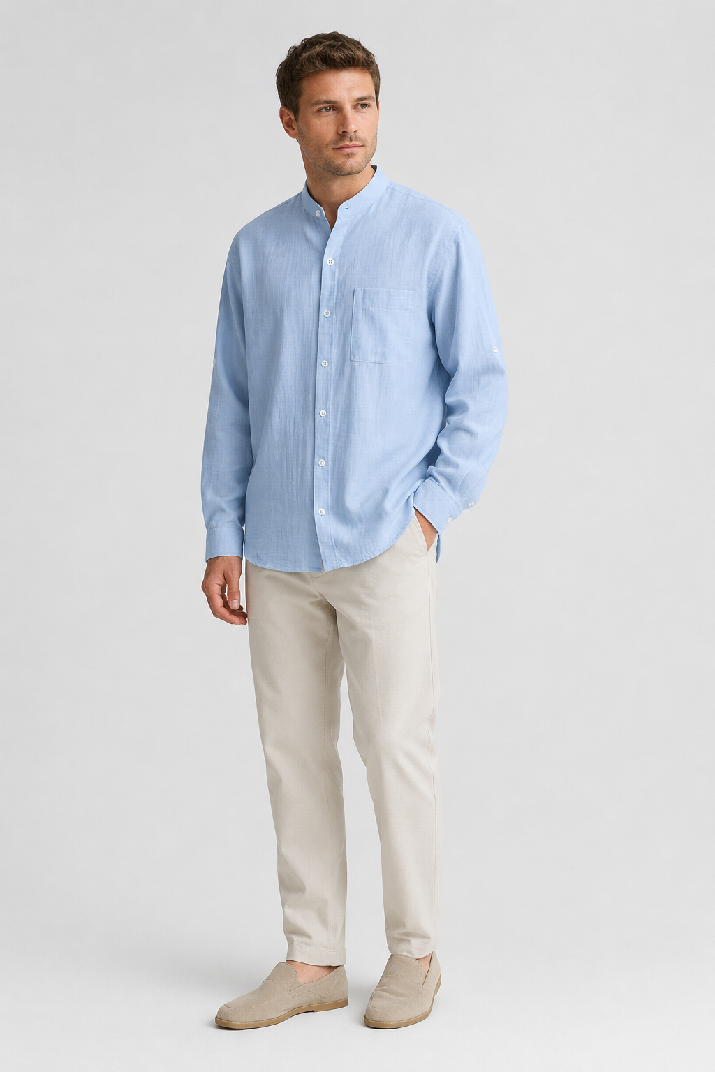 NOMU | Men's Cotton Linen Shirt – Long Sleeve Mandarin Collar Design