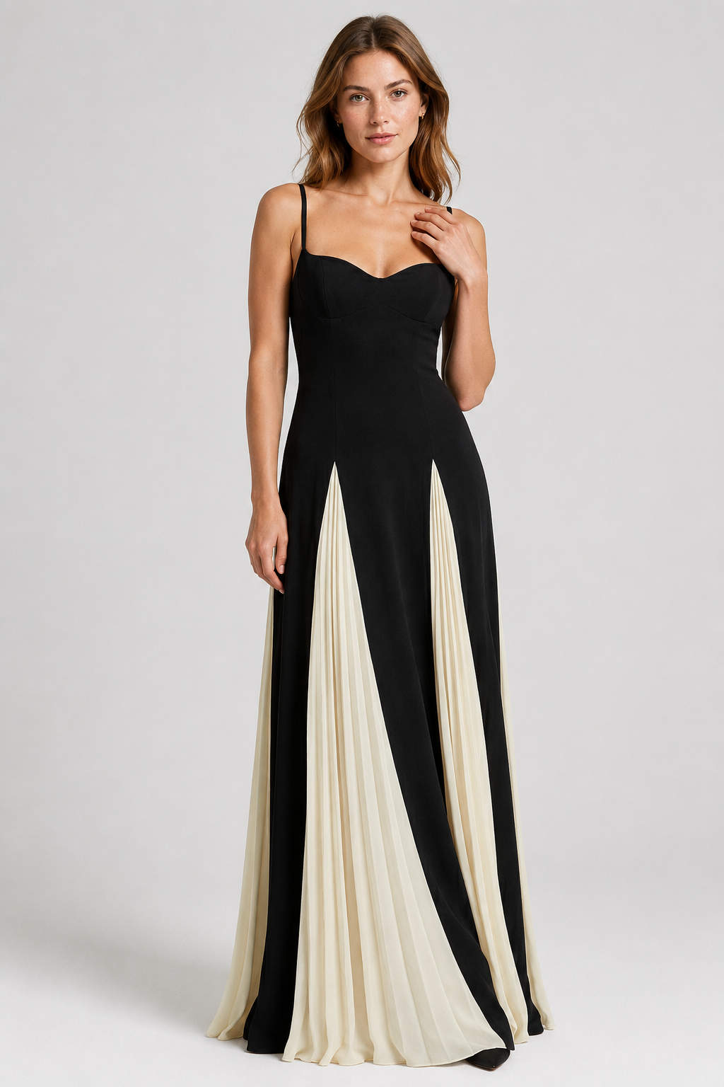 NOMU | Women's Pleated Panel Maxi Dress – Elegant Spaghetti Strap Evening Gown