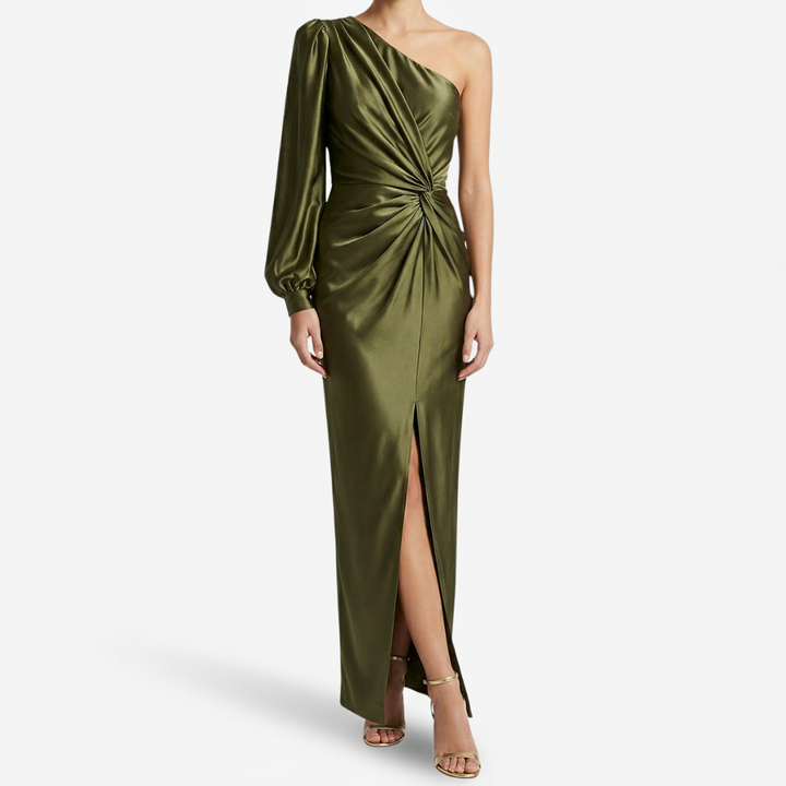 NOMU | Women's One-Shoulder Satin Maxi Dress – Elegant Long Sleeve Evening Dress