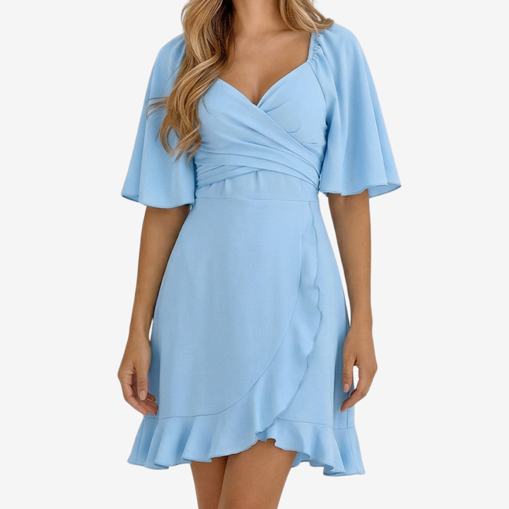 NOMU | Women's Sweetheart Neck Wrap Dress – Elegant Flutter Sleeve Mini Dress
