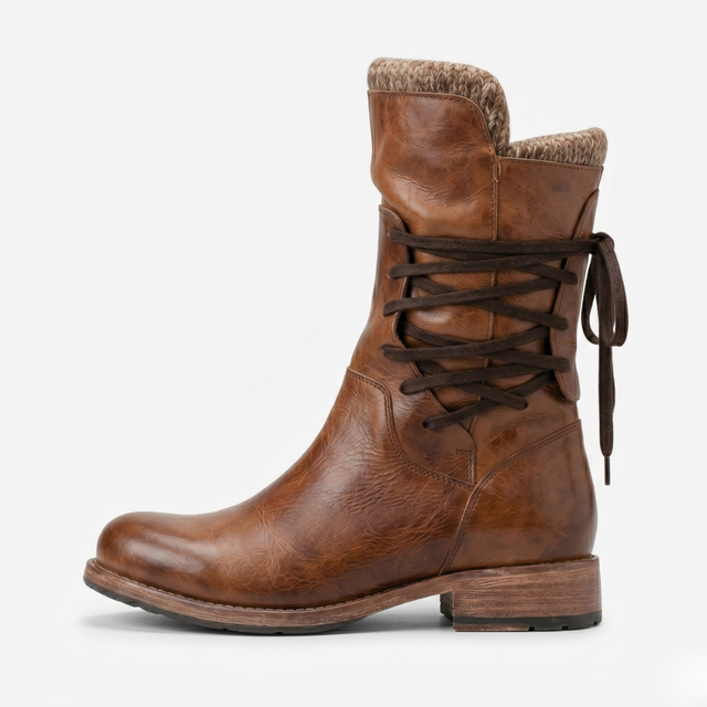 NOMU | Women's Vintage Leather Lace-Up Ankle Boots – Cozy Knit Trim Casual Boots