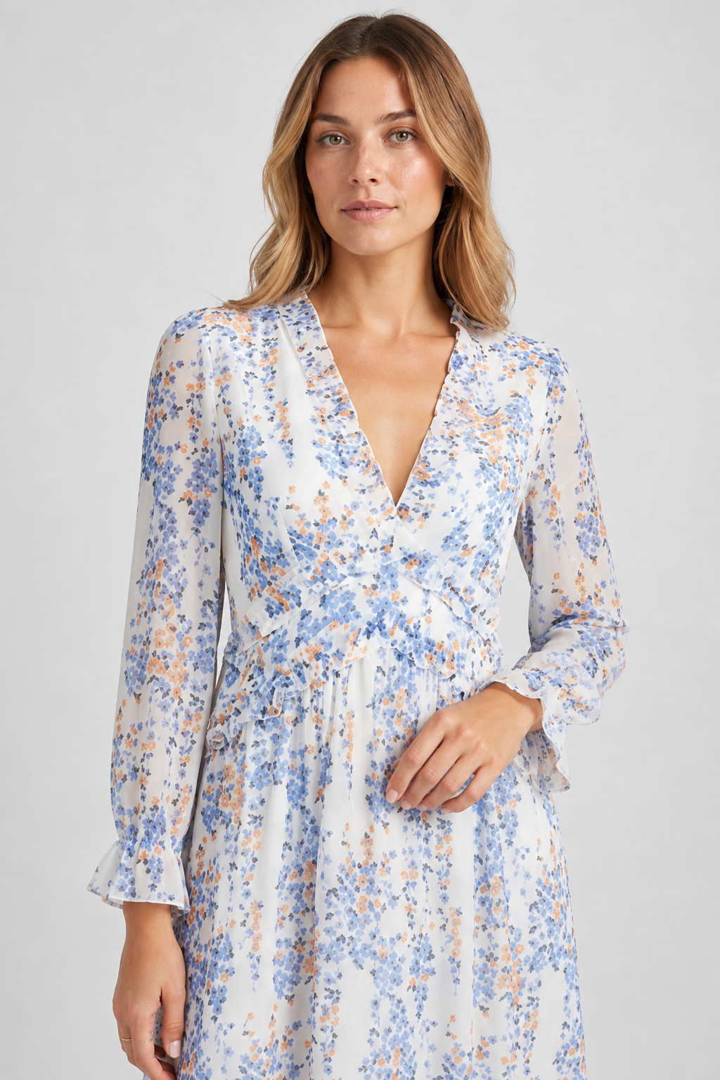 NOMU | Women's Floral Midi Dress – V Neck Long Sleeve Ruffle Trim Design