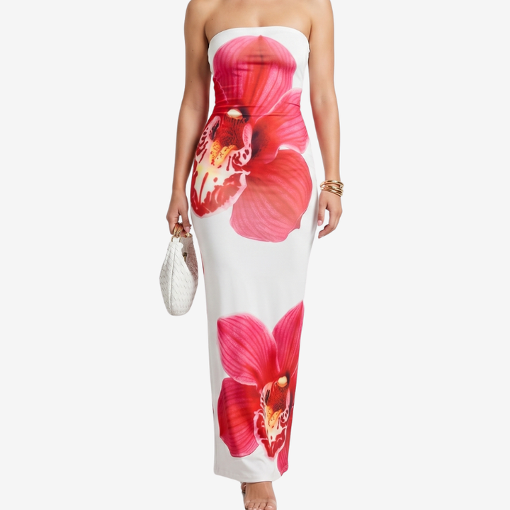 NOMU | Women's Strapless Maxi Dress – Floral Print Bodycon Fitted Design