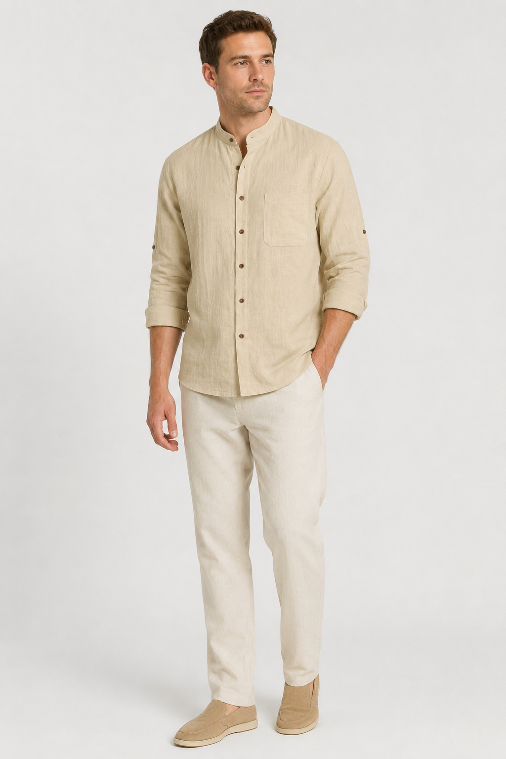NOMU | Men's Linen Blend Shirt – Long Sleeve Mandarin Collar Button Design