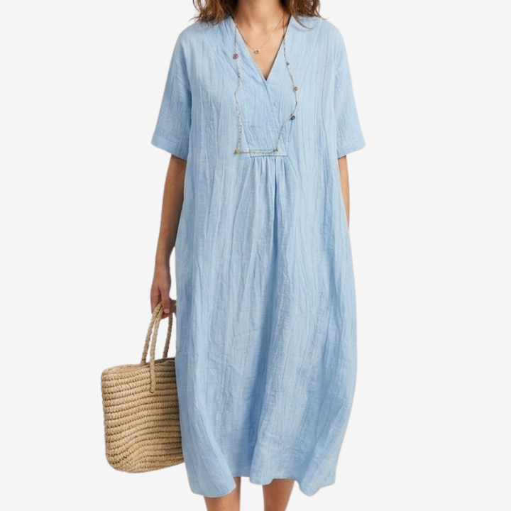NOMU | Women's Casual Linen Dress – V-Neck Short Sleeve Loose Fit