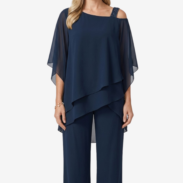 NOMU | Women's Elegant Chiffon Overlay Pant Set – Flowing Evening Two-Piece Outfit