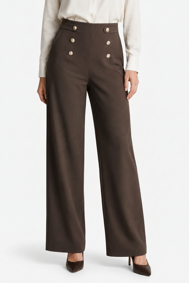 NOMU | Women's High-Waisted Wide Leg Trousers – Elegant Button Detail Palazzo Pants