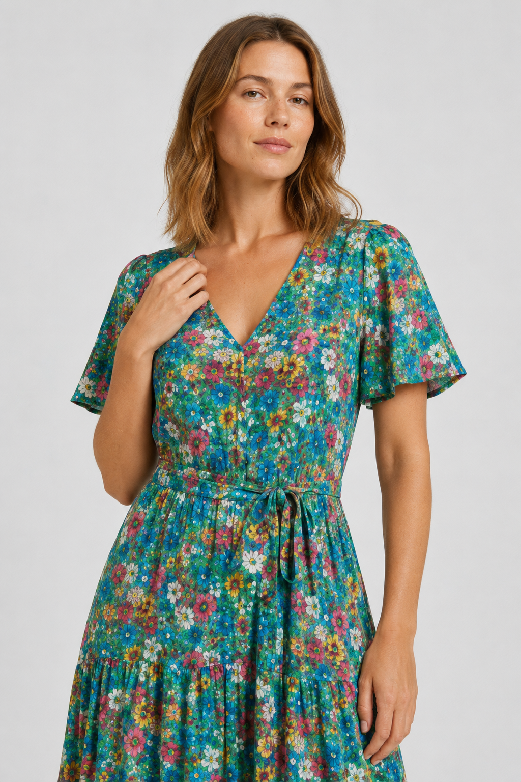 NOMU | Women's Floral Midi Dress – V Neck Short Sleeve Tie Waist Design
