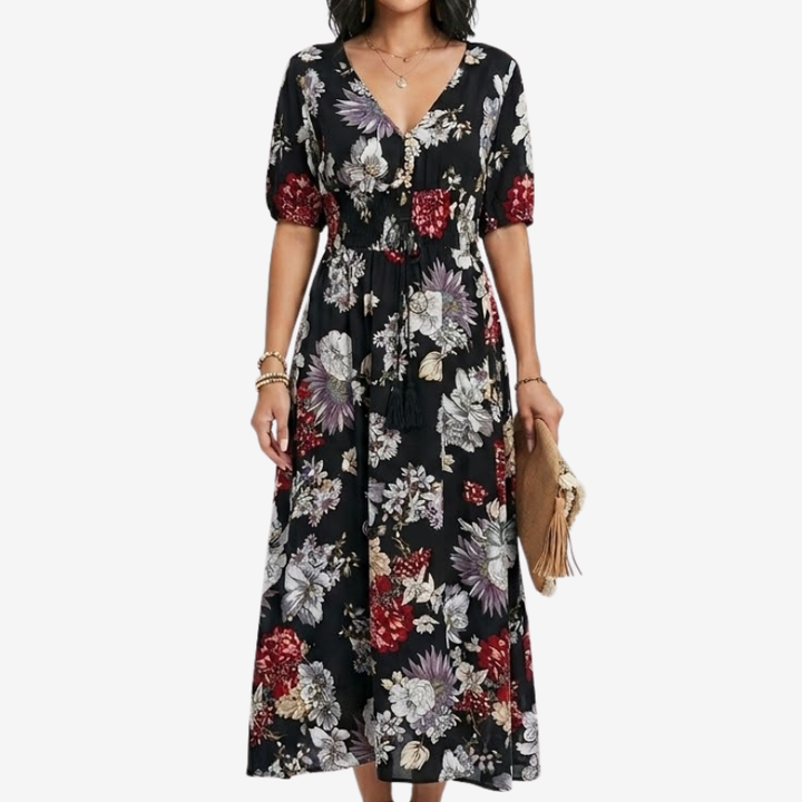 NOMU | Women's Floral Maxi Dress – V Neck Short Sleeve Relaxed Fit Design