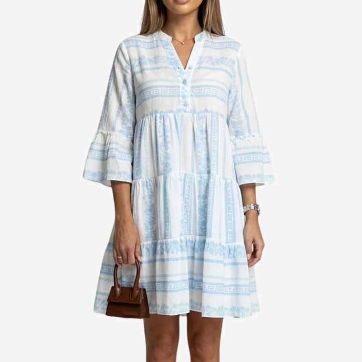 NOMU | Women's Printed Mini Dress – V Neck Button Front Tiered Loose Fit Design