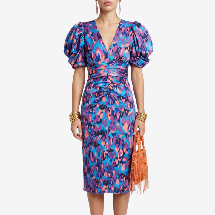 NOMU | Women's Abstract Print Ruched Midi Dress – Elegant Puff Sleeve Bodycon Dress