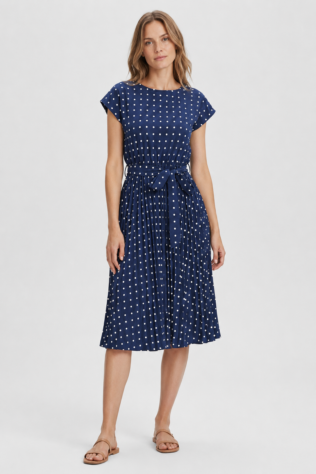 NOMU | Women's Polka Dot Midi Dress – Short Sleeve Tie Waist Pleated Design