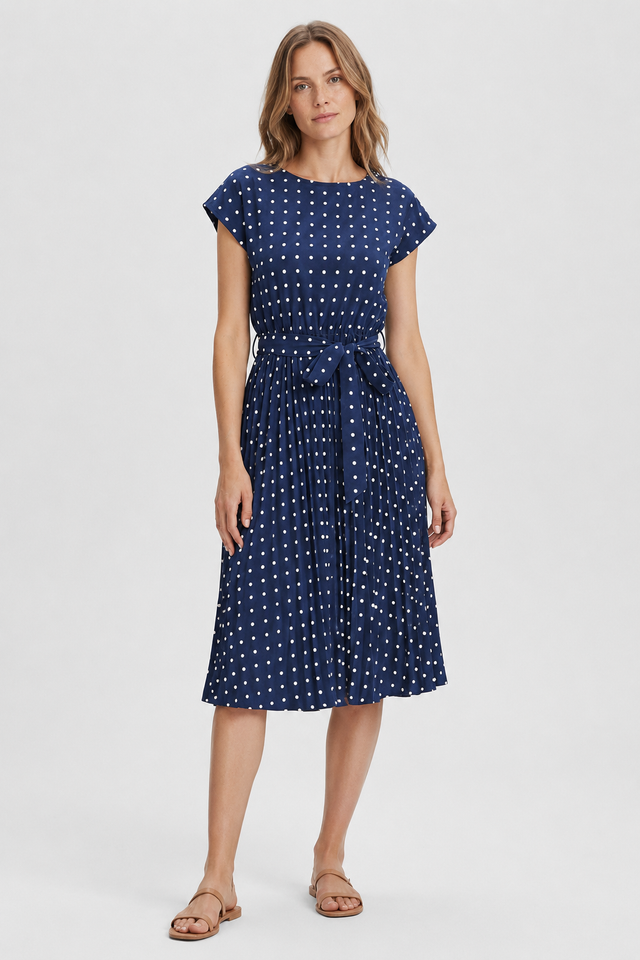 NOMU | Women's Polka Dot Midi Dress – Short Sleeve Tie Waist Pleated Design