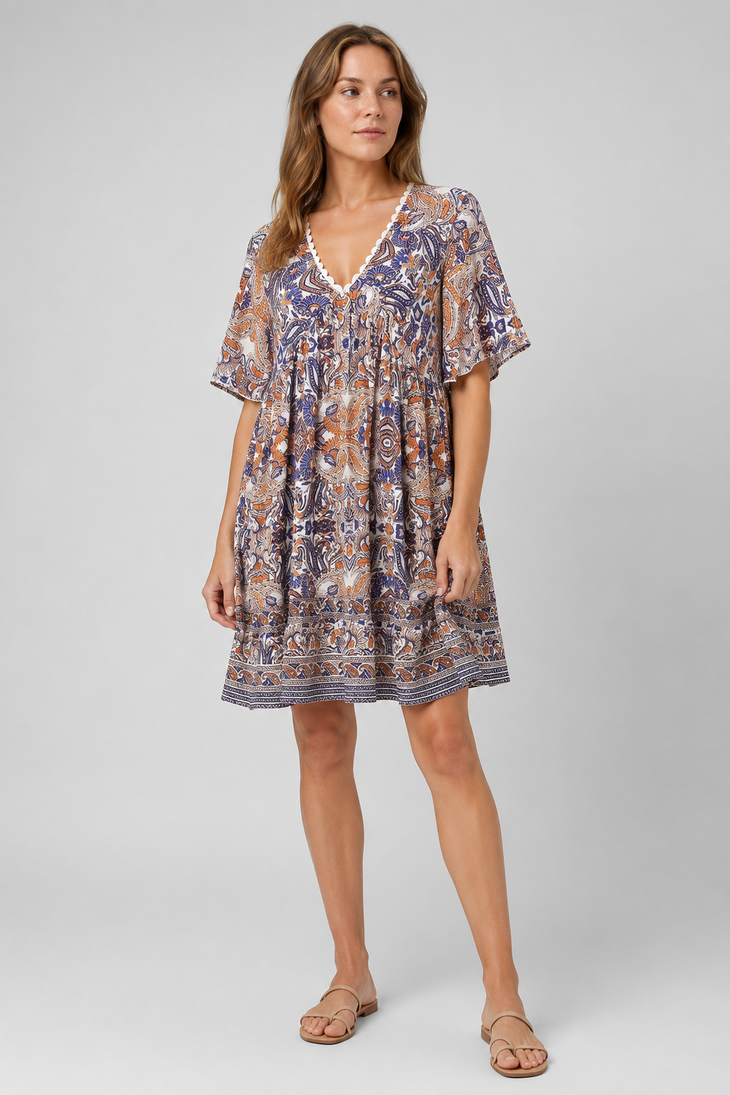 NOMU | Women's Printed Mini Dress – V Neck Short Sleeve Loose Fit Design