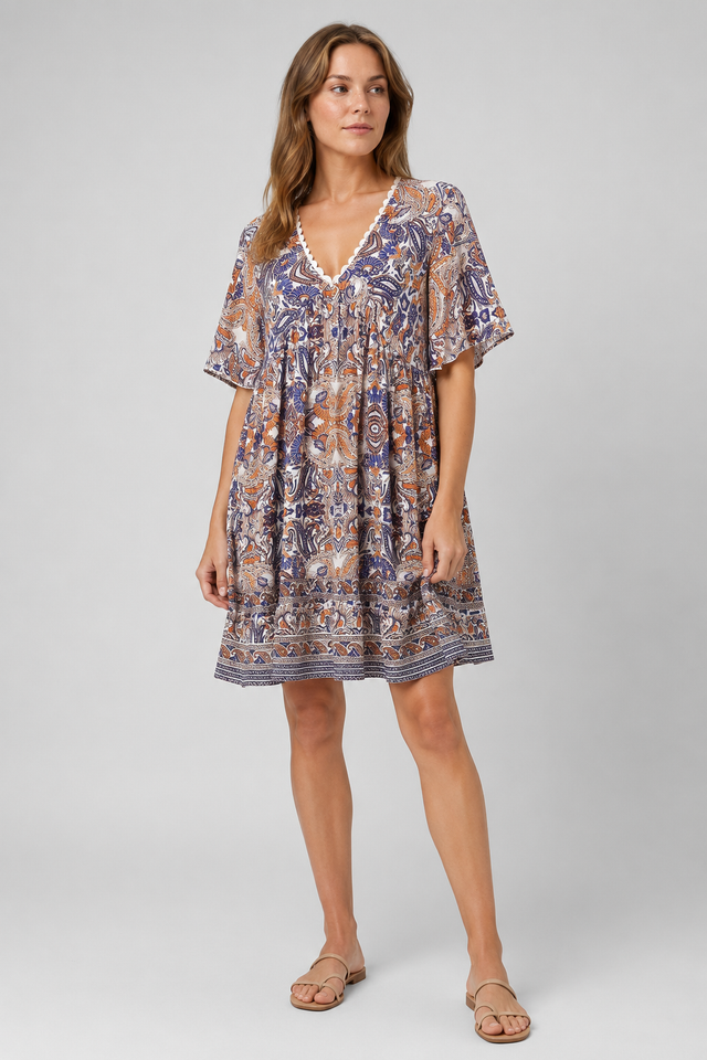 NOMU | Women's Printed Mini Dress – V Neck Short Sleeve Loose Fit Design