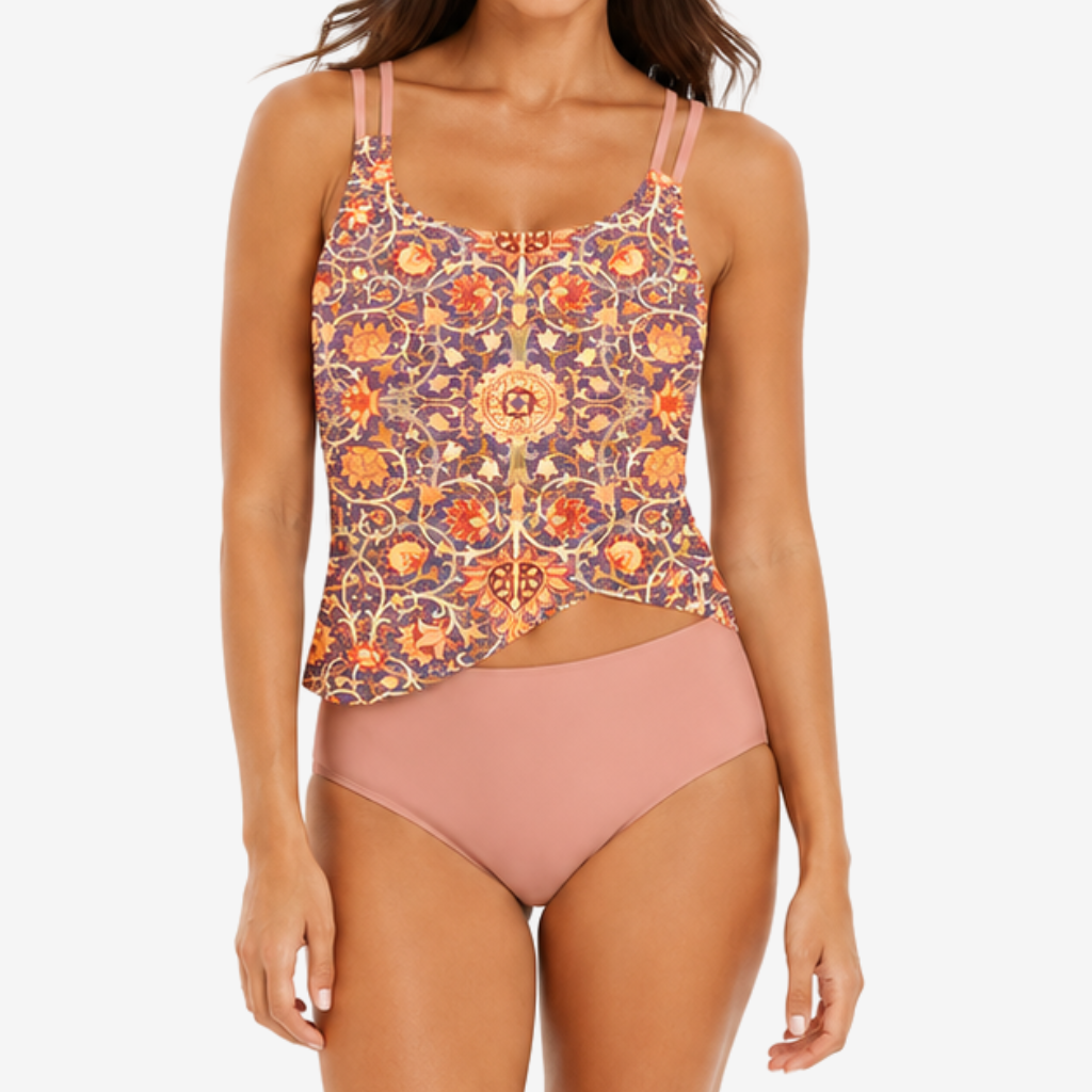 NOMU | Women's Asymmetrical Tankini Swimsuit Set – Printed Tummy Control Top with High Waist Bottoms