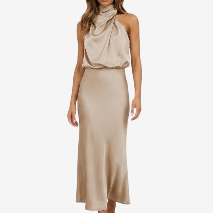 NOMU | Women's Satin Maxi Dress – Sleeveless High Neck Draped Design