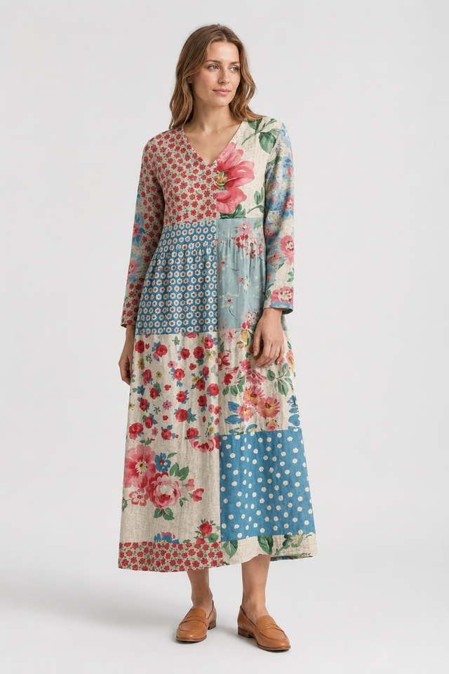 NOMU | Women's Patchwork Midi Dress – Long Sleeve V Neck Relaxed Fit Design