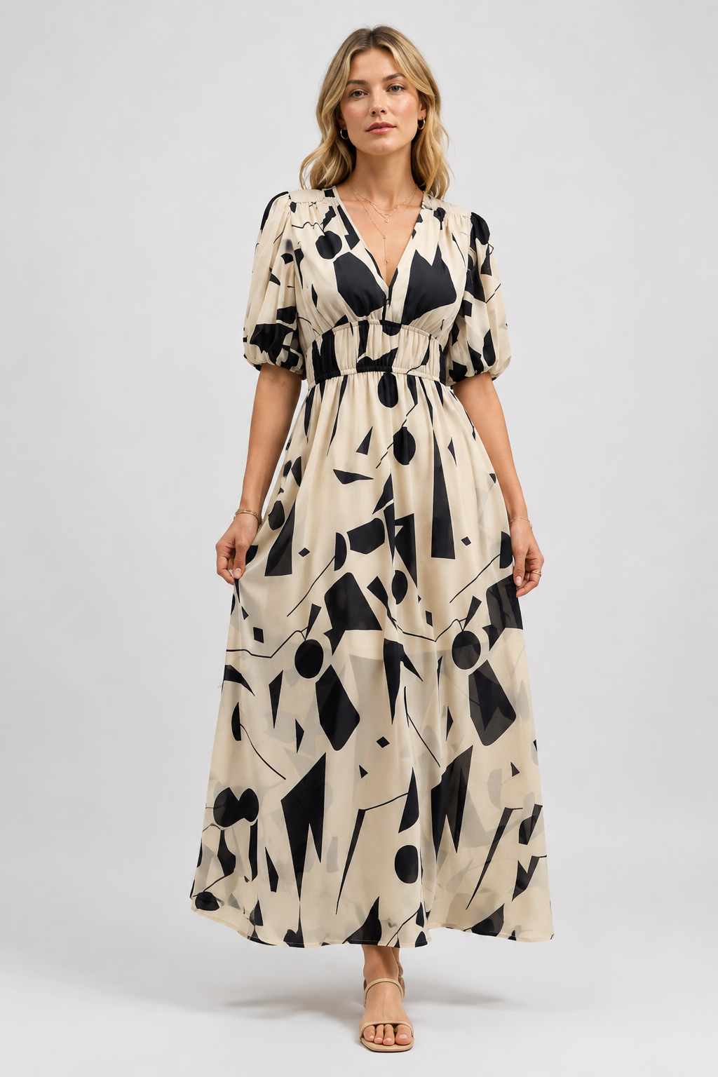 NOMU | Women's Abstract Print Midi Dress – V Neck Puff Sleeve Elastic Waist Design