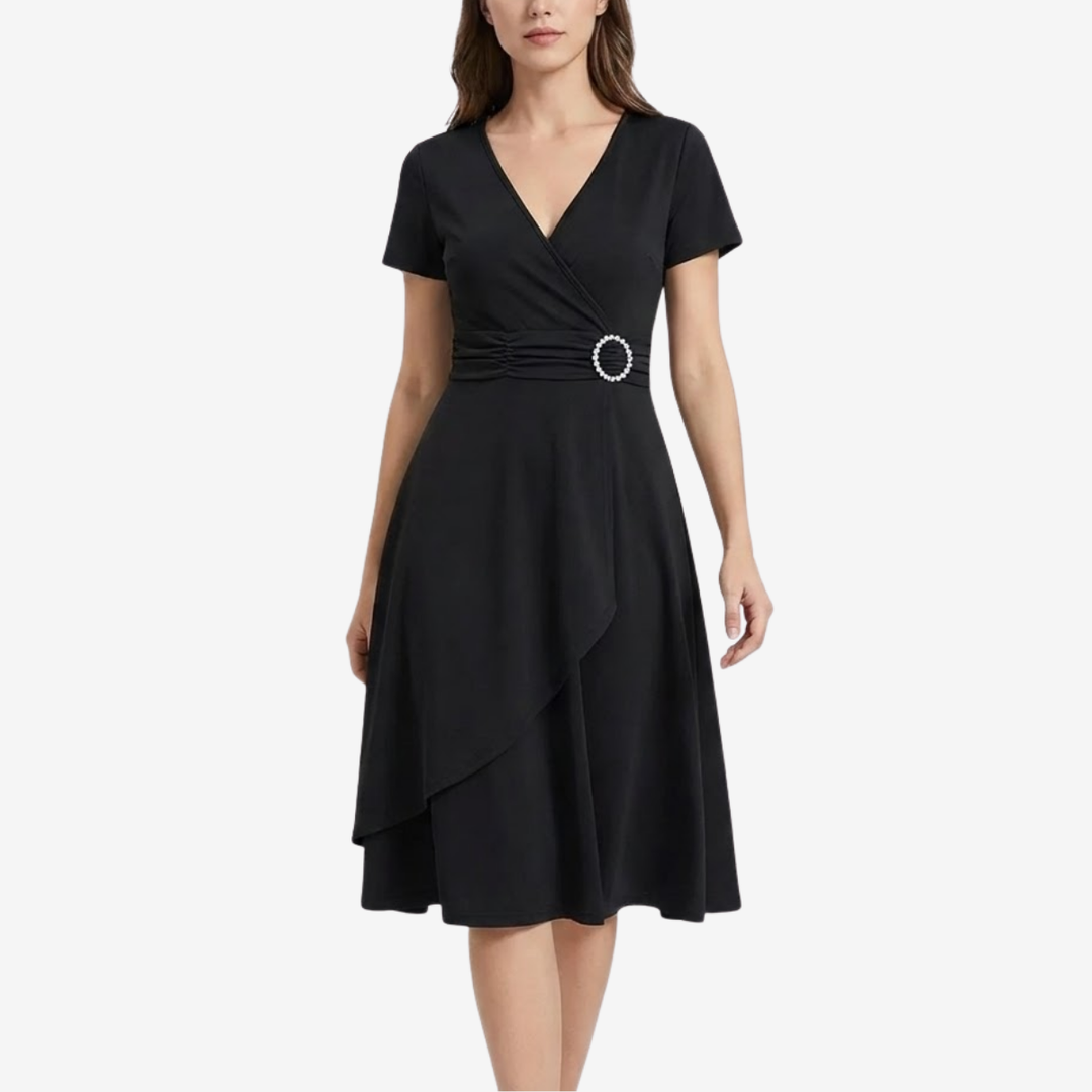 NOMU | Women's Elegant Wrap Midi Dress – Short Sleeve V-Neck Party Dress
