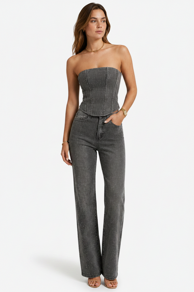 NOMU | Women's Rhinestone Denim Corset & Wide-Leg Jeans Set – Glam Strapless Co-Ord Outfit