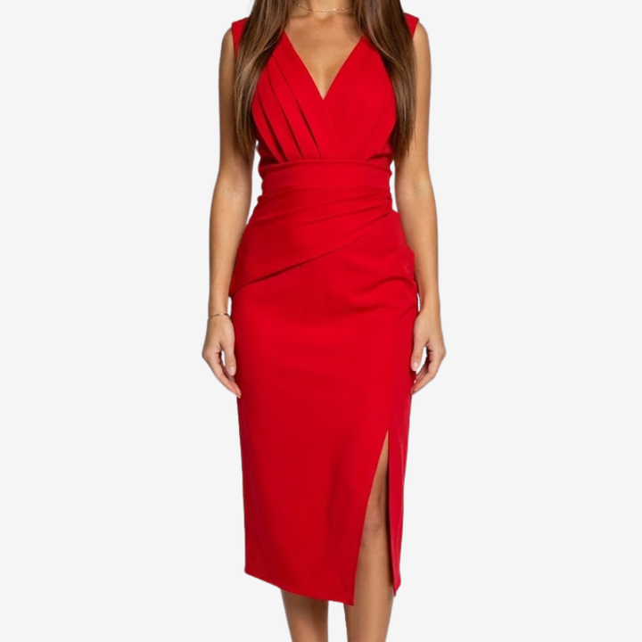 NOMU | Women's Ruched V-Neck Midi Dress – Elegant Sleeveless Party Dress