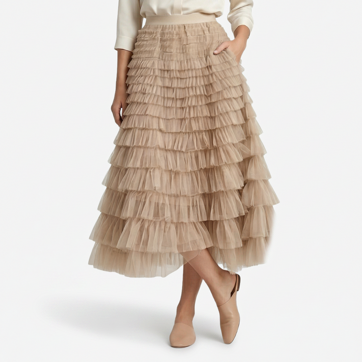 NOMU | Women’s Layered Ruffle Tulle Midi Skirt