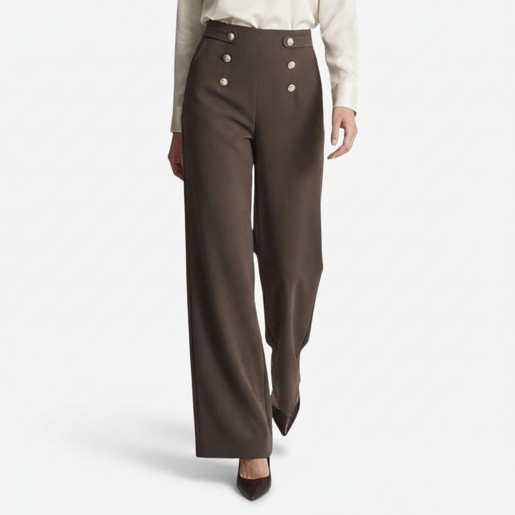 NOMU | Women's High-Waisted Wide Leg Trousers – Elegant Button Detail Palazzo Pants