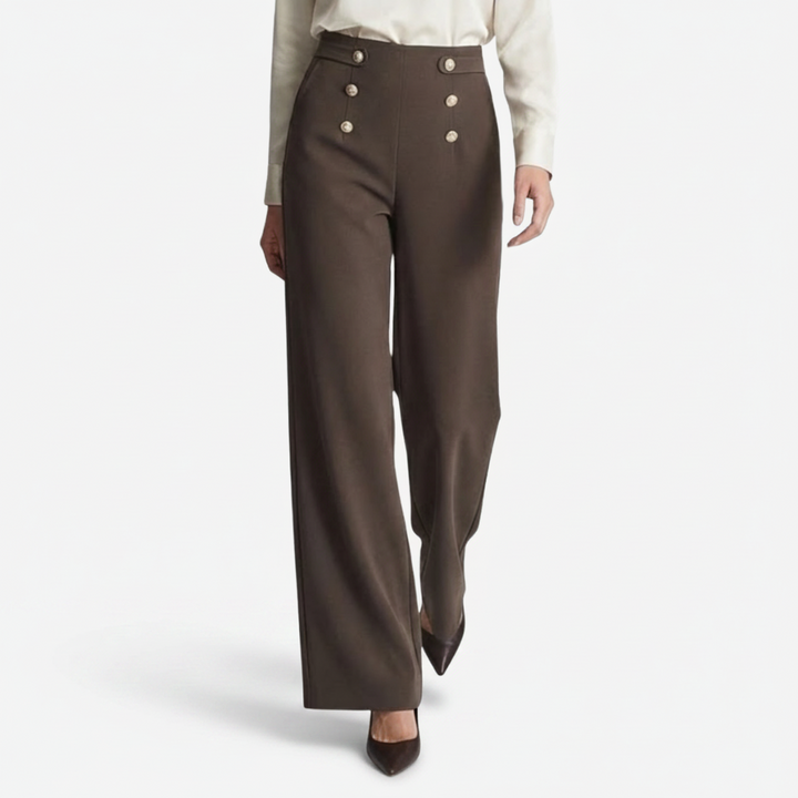 NOMU | Women's High-Waisted Wide Leg Trousers – Elegant Button Detail Palazzo Pants