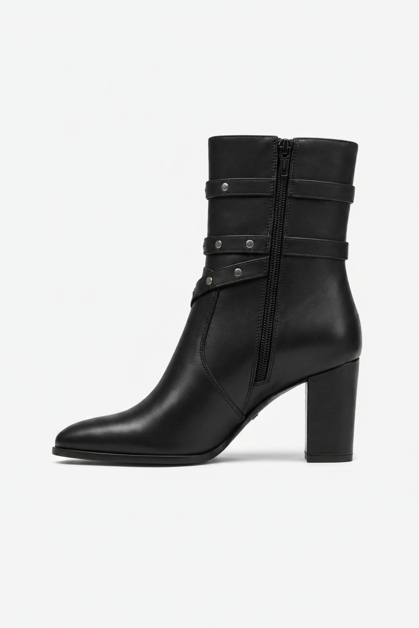 NOMU | Women's Buckled Strap Ankle Boots – Modern Studded Block Heel Boots