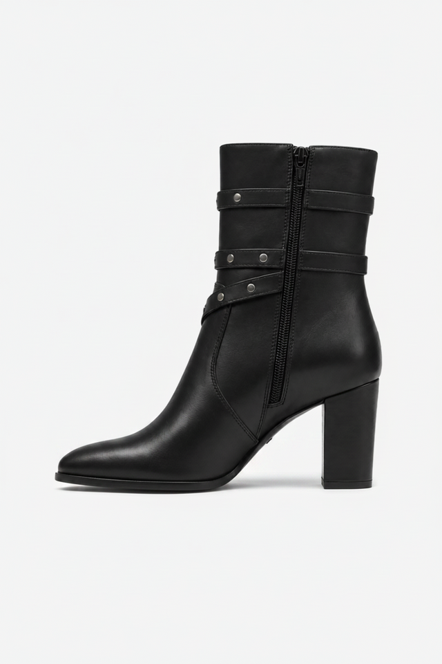 NOMU | Women's Buckled Strap Ankle Boots – Modern Studded Block Heel Boots