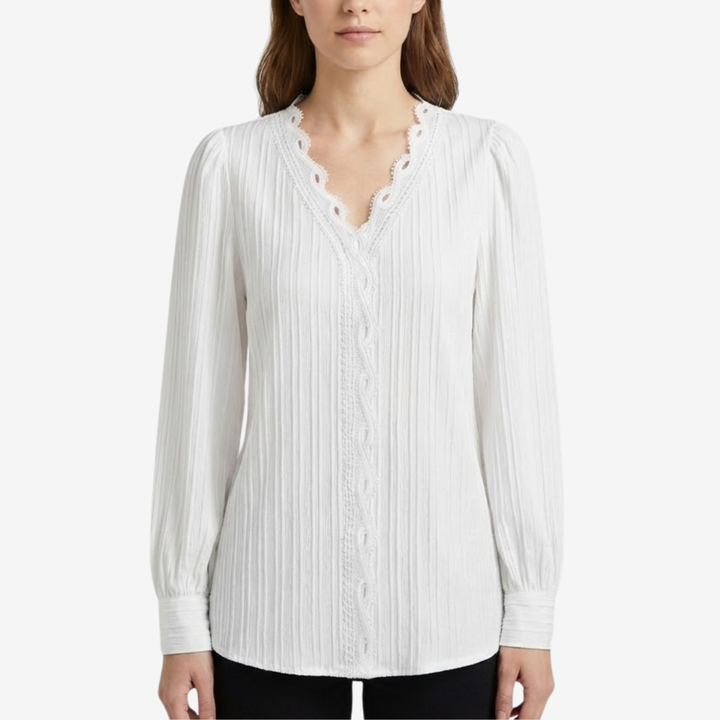 NOMU | Women's Lace Trim Pleated Blouse – Elegant V-Neck Long Sleeve Top