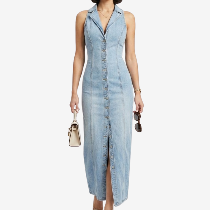 NOMU | Women's Denim Midi Dress – Sleeveless Button Front Fitted Design