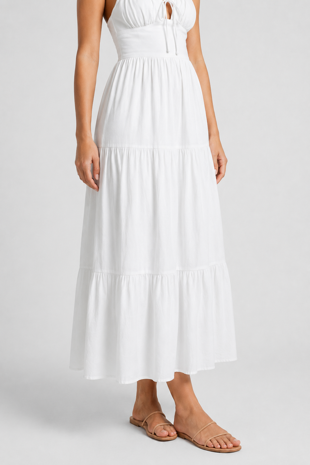 NOMU | Women's Tiered Midi Dress – Spaghetti Strap Tie Front Relaxed Fit Design