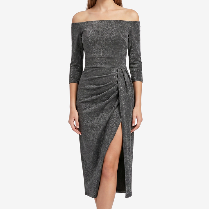 NOMU | Women's Off Shoulder Midi Dress – Long Sleeve Side Slit Fitted Design
