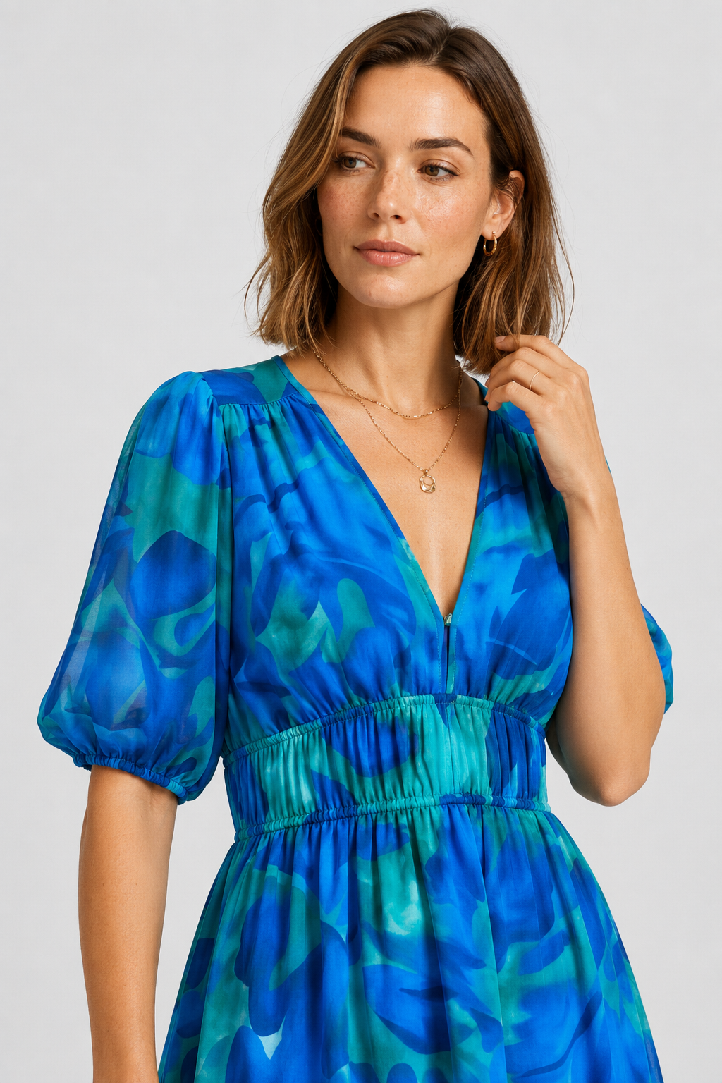 NOMU | Women's Floral V-Neck Midi Dress – Elegant Puff Sleeve Flowing Dress