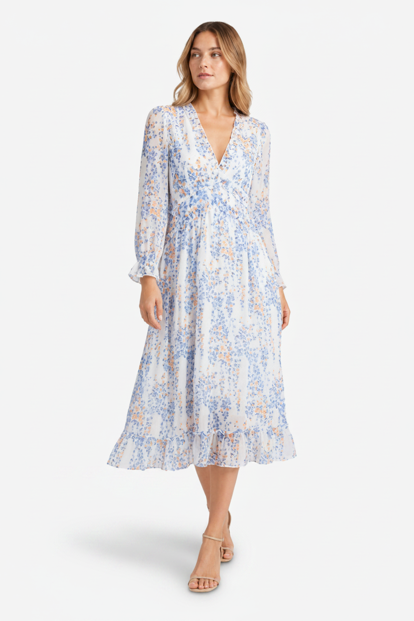 NOMU | Women's Floral Midi Dress – V Neck Long Sleeve Ruffle Trim Design