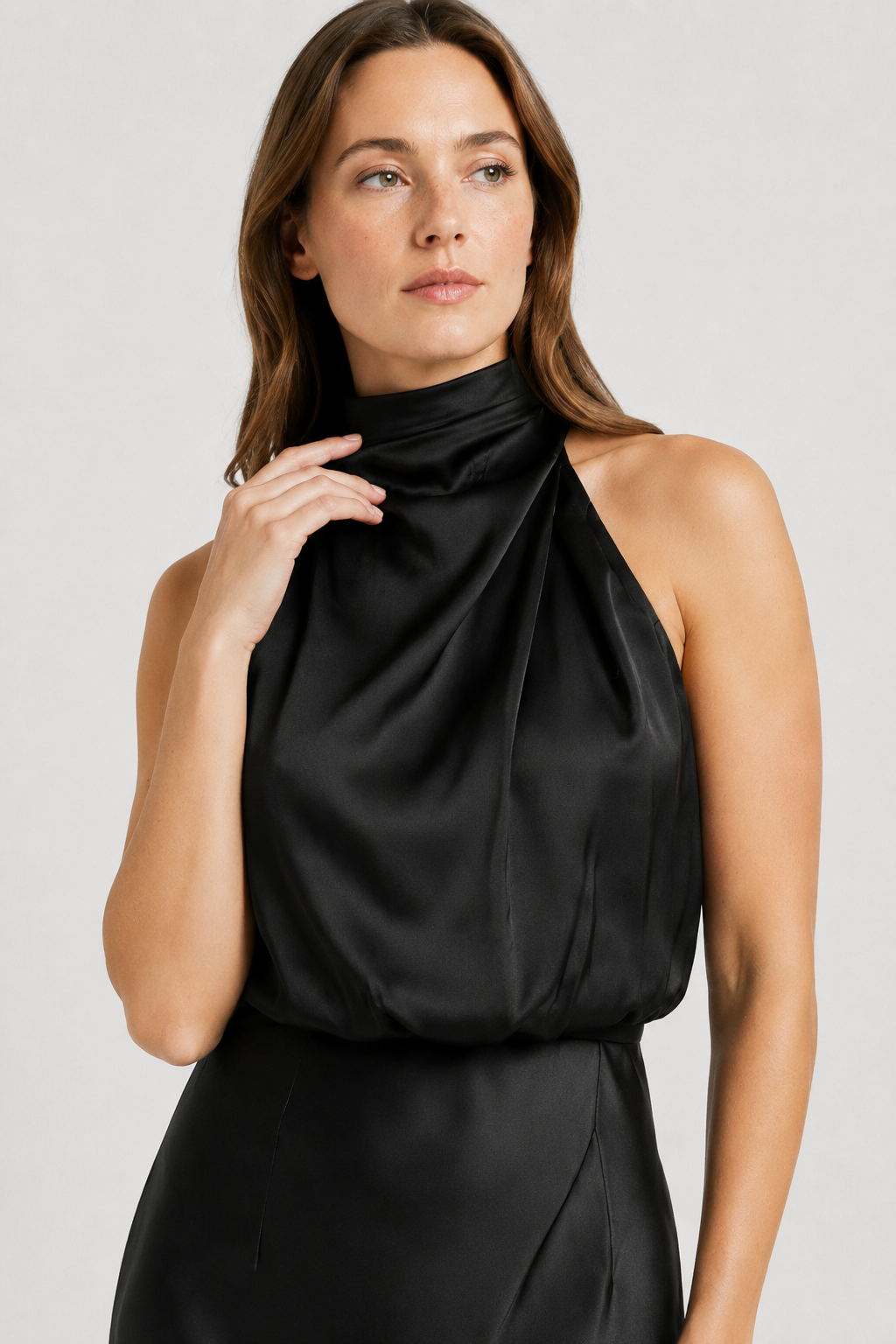 NOMU | Women's Satin High Neck Midi Dress – Elegant Sleeveless Evening Slip Dress