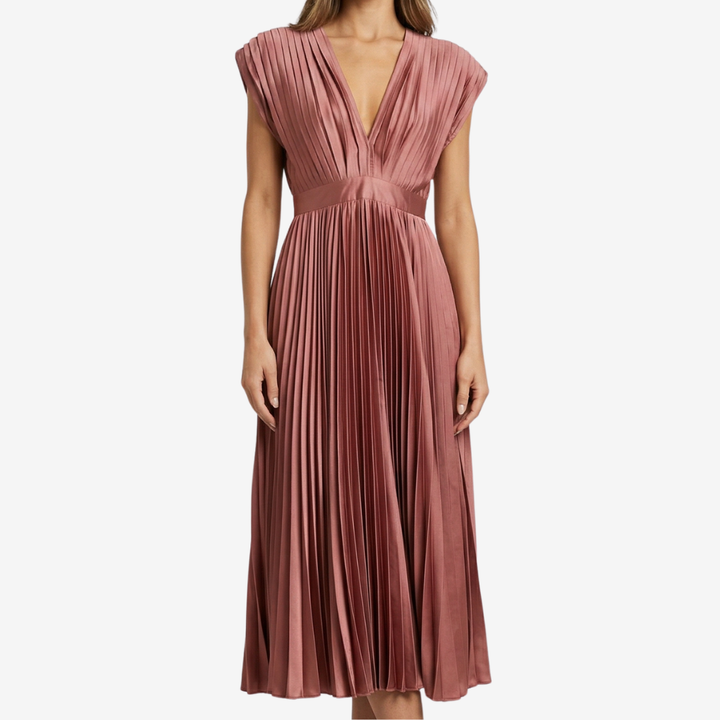 NOMU | Women's Pleated V-Neck Midi Dress – Elegant Sleeveless Flowing Evening Dress