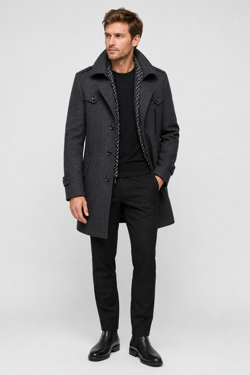 NOMU | Men's Wool Blend Military Overcoat – Tailored Button Front Coat