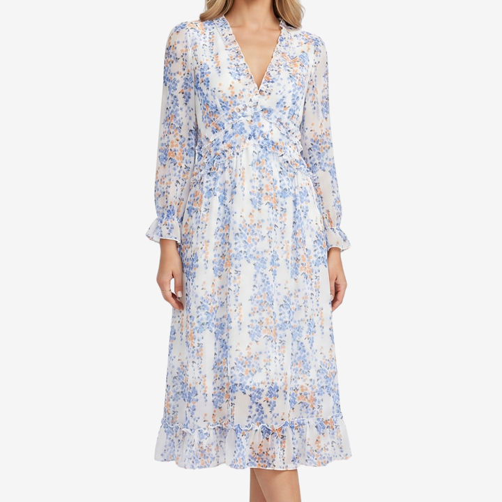 NOMU | Women's Floral Midi Dress – V Neck Long Sleeve Ruffle Trim Design