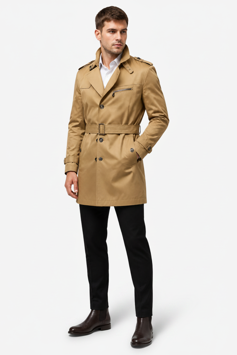 NOMU | Men's Belted Trench Coat – Double-Breasted Front with Adjustable Waist Belt