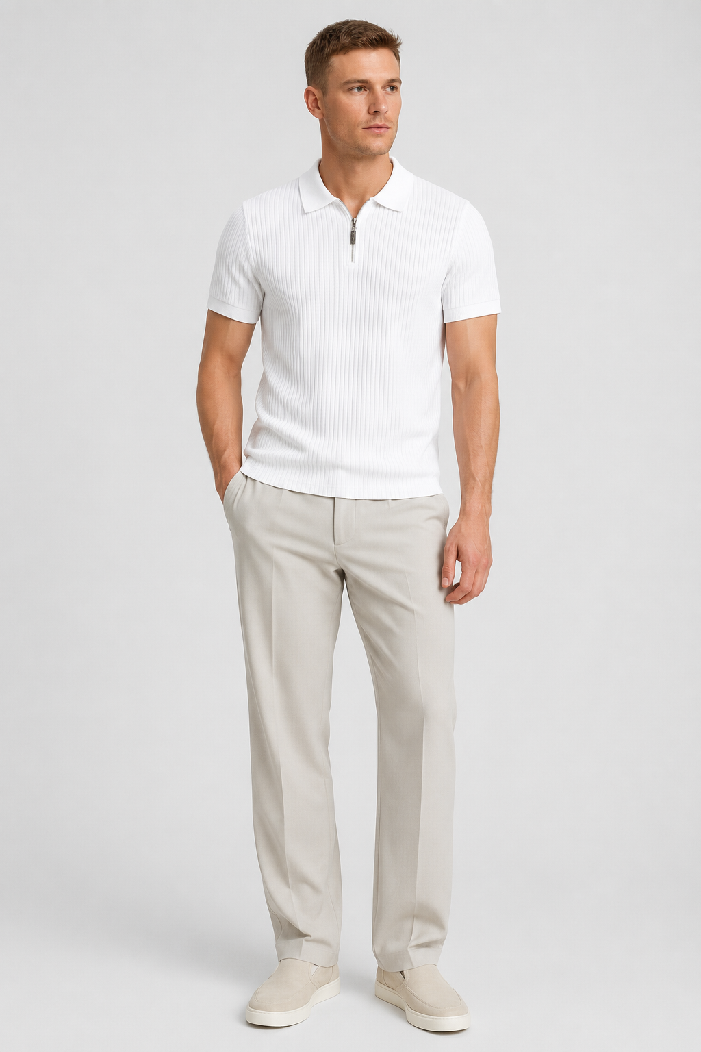 NOMU | Men's Ribbed Knit Polo Shirt – Zip Collar Slim Fit Design