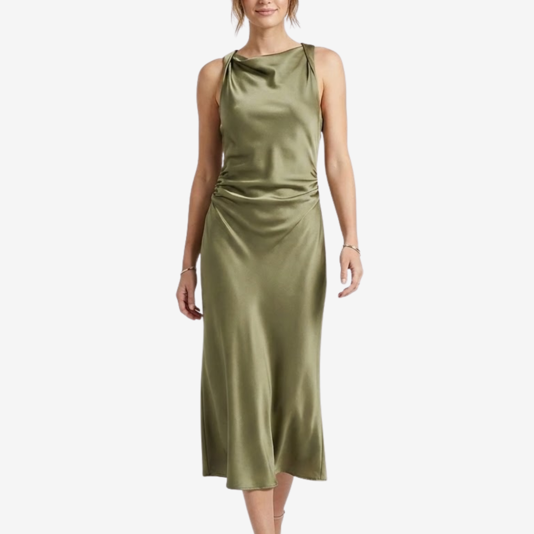 NOMU | Women's Satin Sleeveless Midi Dress – Elegant Draped Evening Slip Dress