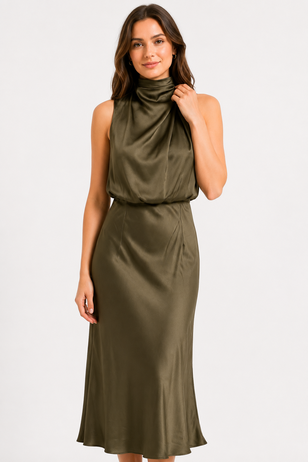 NOMU | Women's Satin High Neck Midi Dress – Elegant Sleeveless Evening Slip Dress