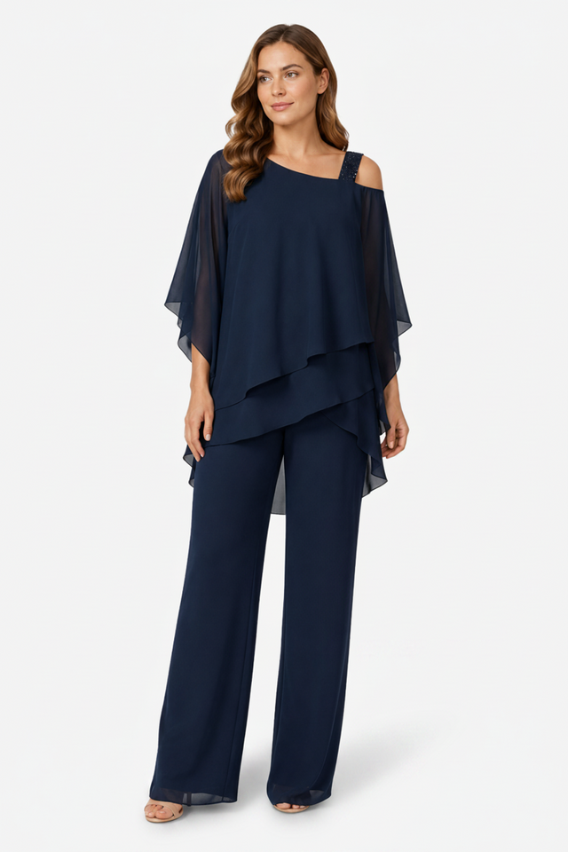NOMU | Women's Elegant Chiffon Overlay Pant Set – Flowing Evening Two-Piece Outfit