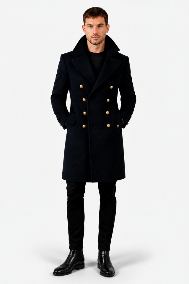 NOMU | Men's Double-Breasted Long Coat – Lapel Collar and Button-Front Design
